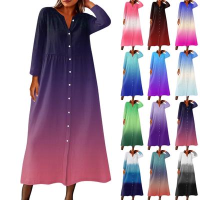 Women's Fashionable Printed Round Neck Seven Quarter Sleeve Button Loose Shirt Dress