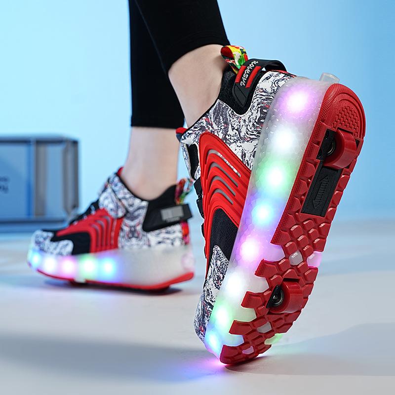 Sneakers with Wheels Runaway Shoes Children's Invisible Pulley Breathable Mesh Skating Shoelaces LED Lights Factory Direct Sales