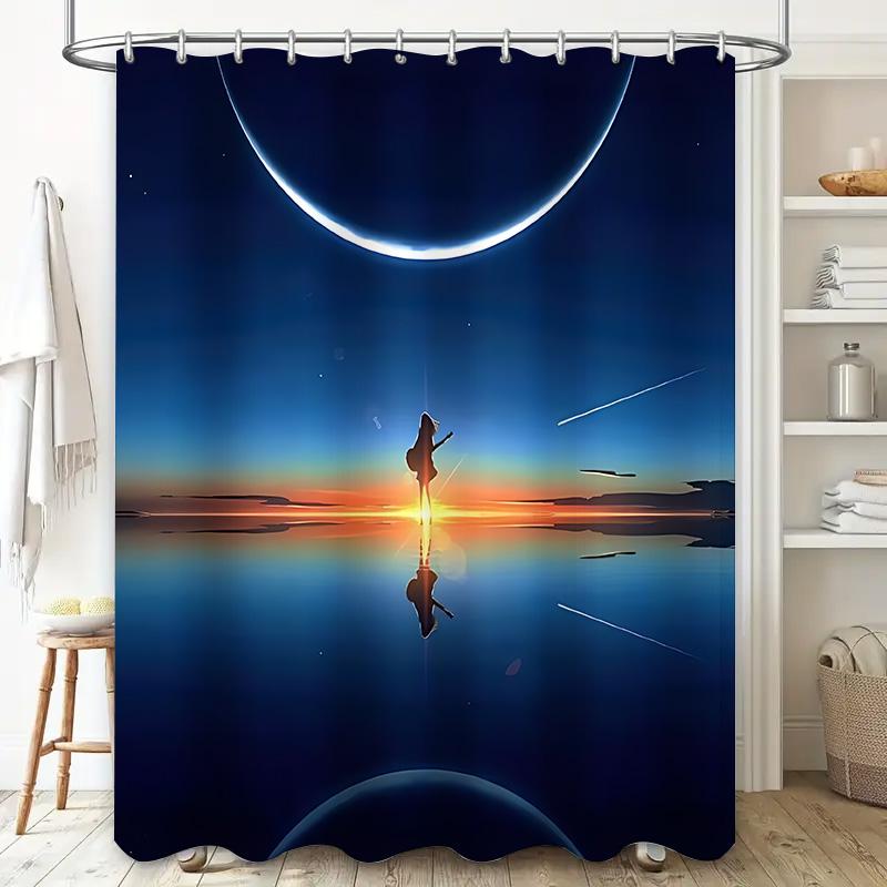 Dreamlike Planet Shower Curtain - Creative Space Scene With Guitarist And Celestial Bodies Suitable For Wet And Dry Separation