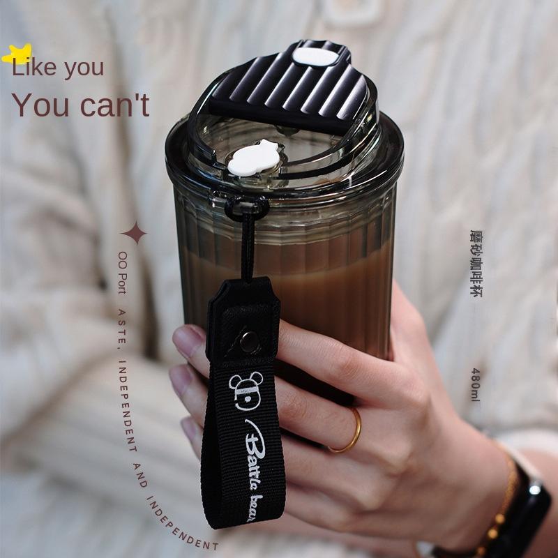 Frosted Coffee Cup 480ml Office Gift Cup Outdoor Portable Handy Cup Double Drink Plastic Water Cup with Rope Handle