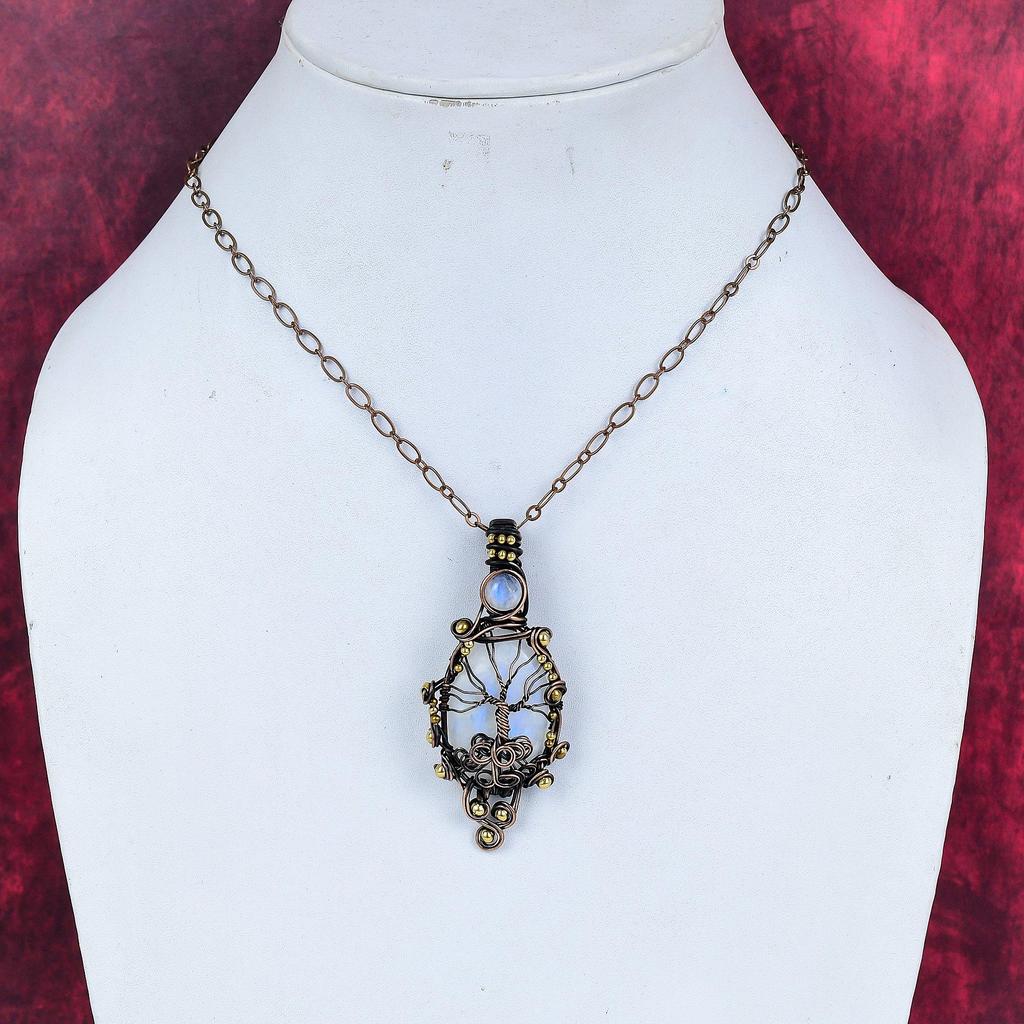 Tree of Life Rainbow Moonstone Pendant Copper Wire Wrapped Pendant Gemstone Pendant Wire Jewelry Handmade Pendant Copper Jewelry for Gifts