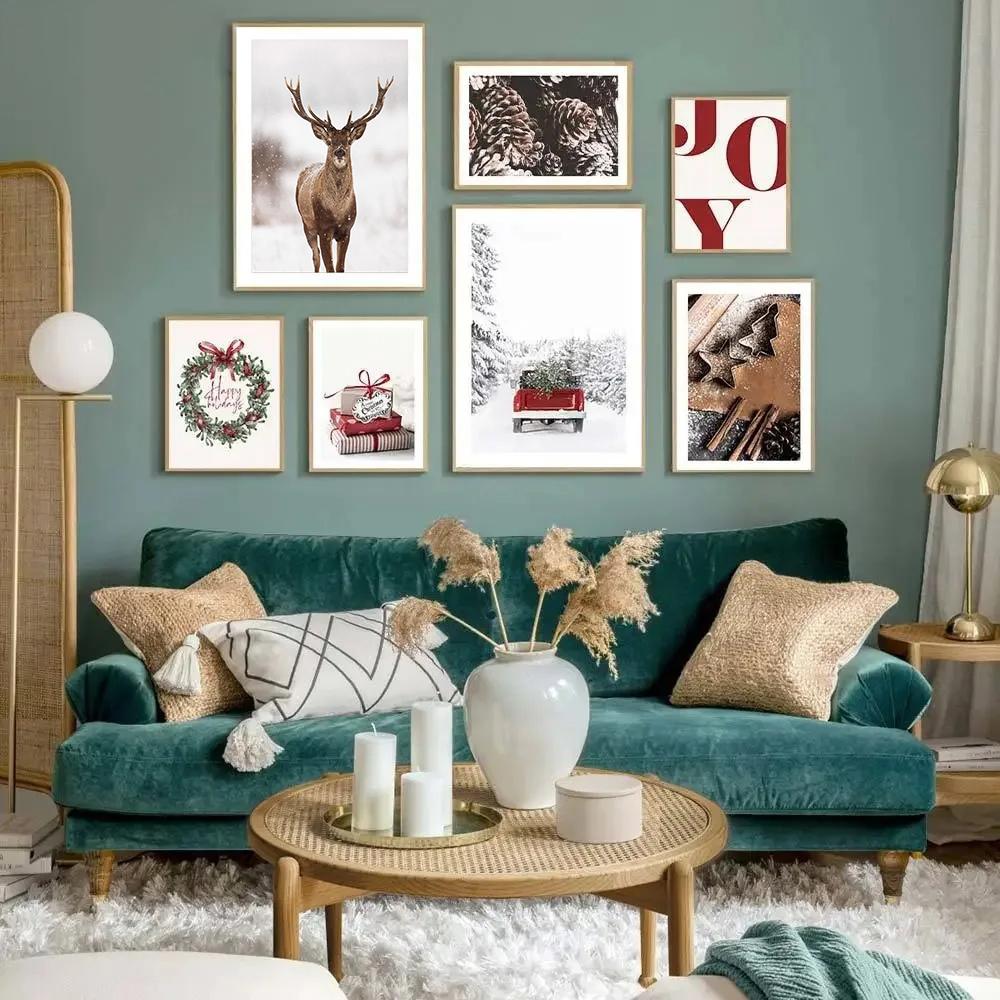 Christmas Deer Snowscape Canvas Poster Art Prints Hazelnut Wood Wall Paintings Christmas Wall Posters Living Room Decor Gift
