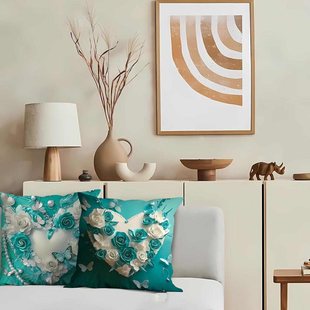 Valentine's Day Navy Blue Heart Shaped Butterfly Floral Pillowcase Suitable for Sofa Car Bedroom Decorative Cushion Cover