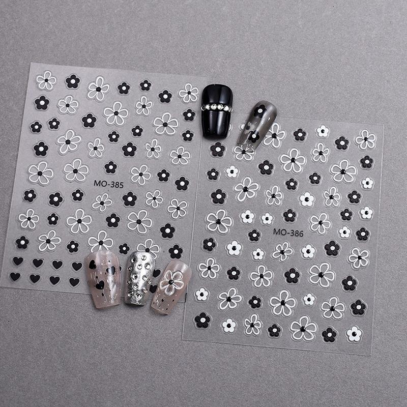 Adesivi 3D per Unghie Fiore Bianco Nero Petali Fiori Decalcomanie Nail Art Elegante Design Matrimonio Decorazione Slider Manicure Fiore di Primavera