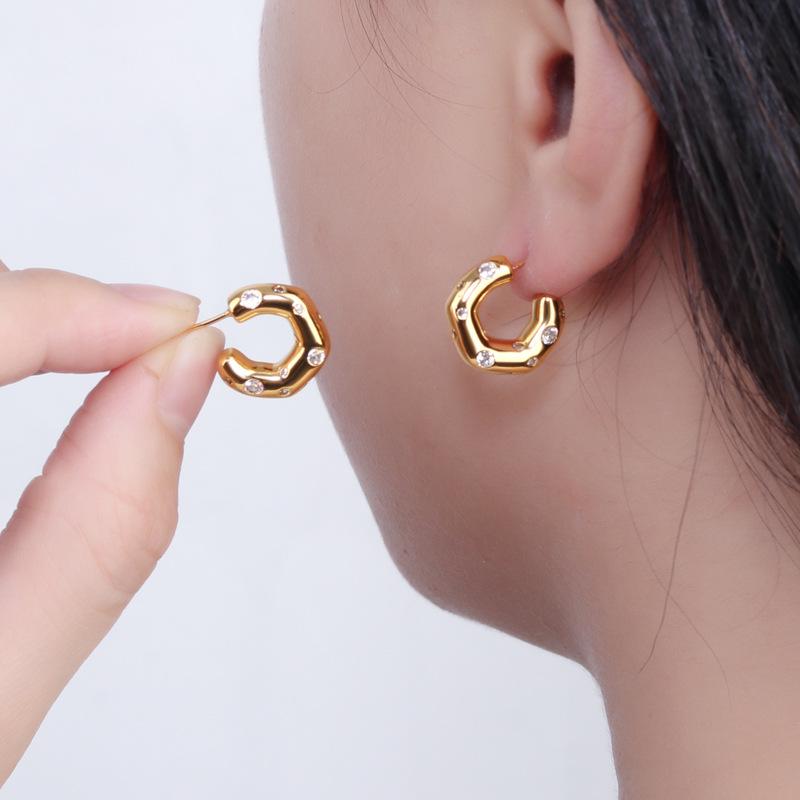 Elegant Gold-plated Zircon C-shaped Earrings - Non-fading, Stylish Ear Ornaments for Women