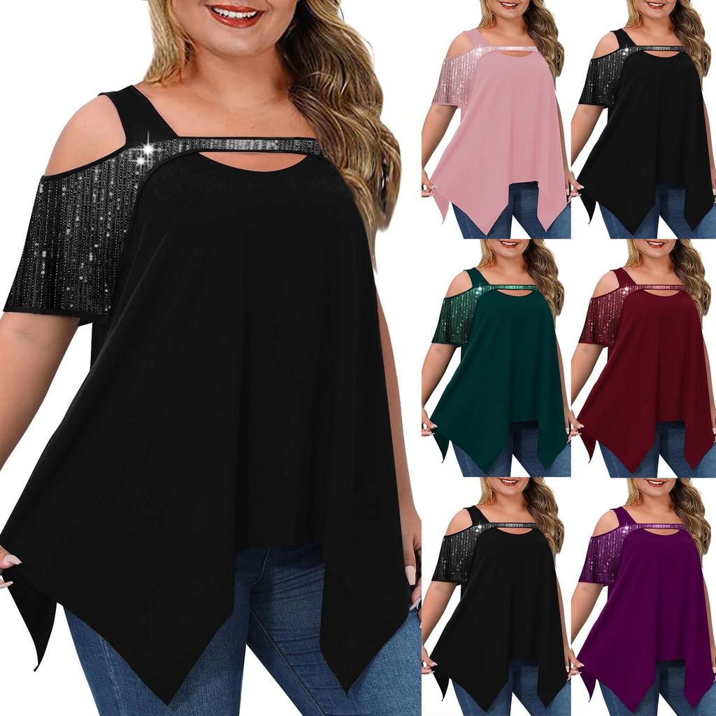 Damen-Top in Übergröße, kurzärmelig, lässig, mit Pailletten, hohl, T-Shirt, plissiert, fließend, Sommer-Tops
