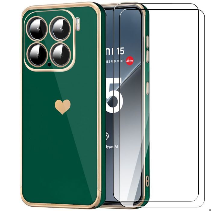 Coque de protection - pour Xiaomi 15 - Souple - Vert Nuit - Motif Cœur - avec 2 Verrs Trempés