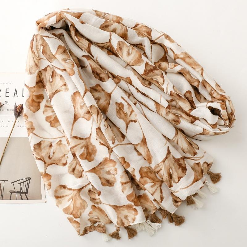 Luxury Maple Leaf Print Women Long Viscose Scarf Bohemian Autumn And Winter Cotton Linen Shawl Lady Tassel Muslim Hijab Wrap