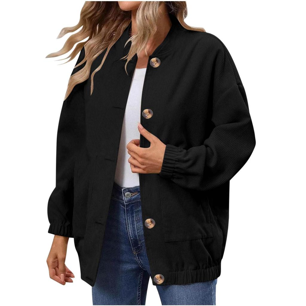Women's Fashionable Solid Color Long Sleeved Button Jacket With Baseball Stand Up Collar Pocket Casual Jacket