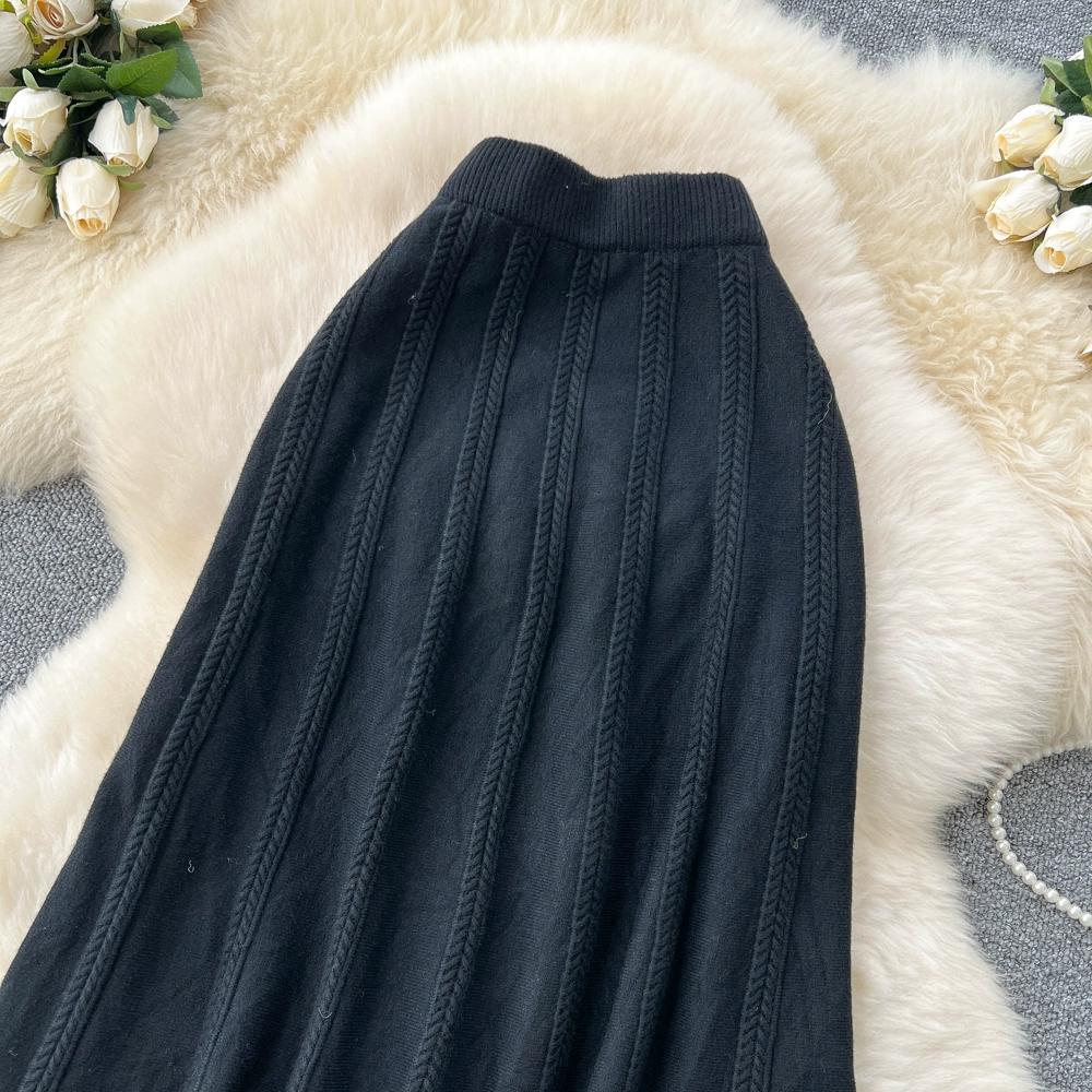 Autumn Winter Women Casual Twist Knitted Elastic High Waist Long Midi Skirt