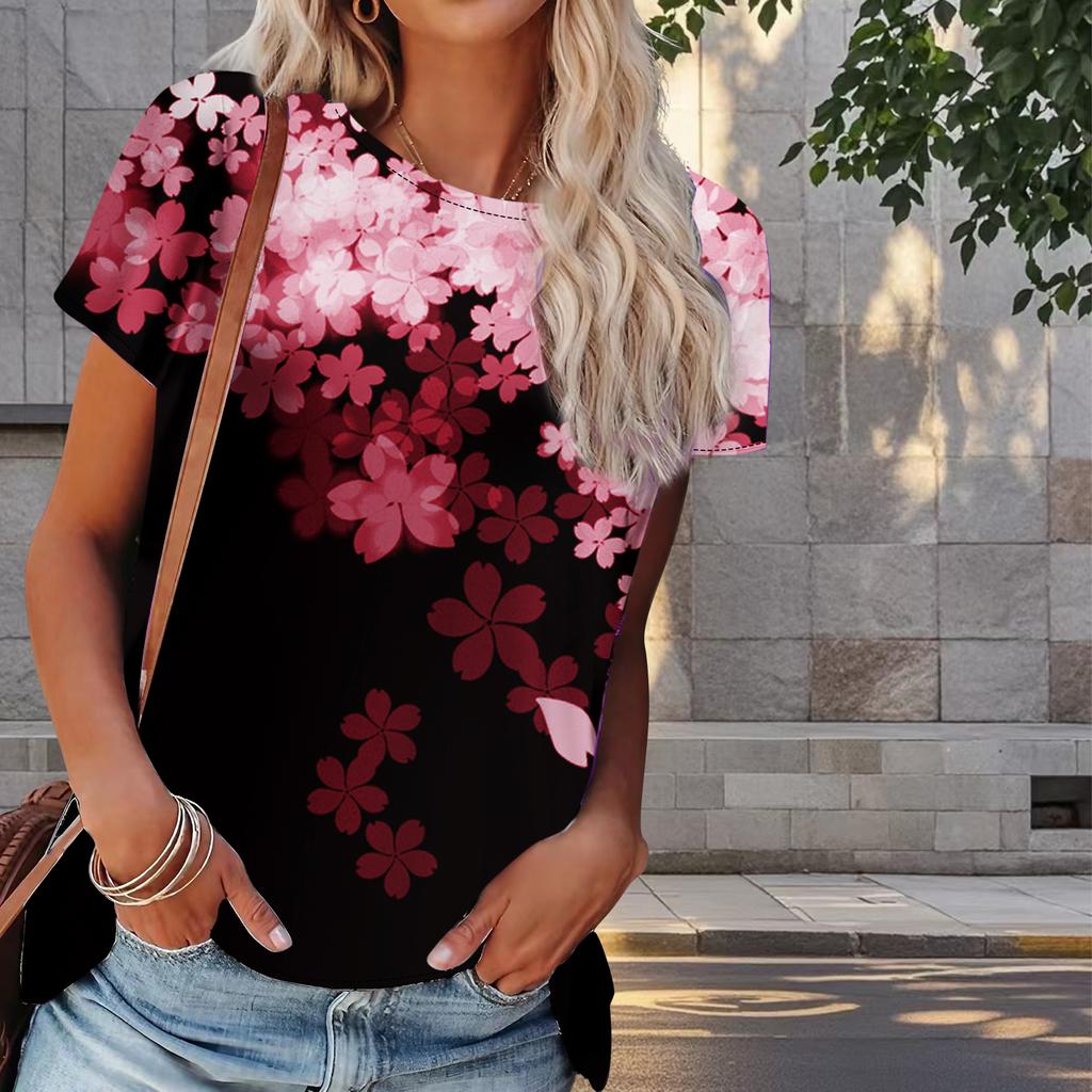 Women Summer T Shirt Cherry Blossom Print Retro Fashion Short Sleeve Tees Casual   Printed  Tops