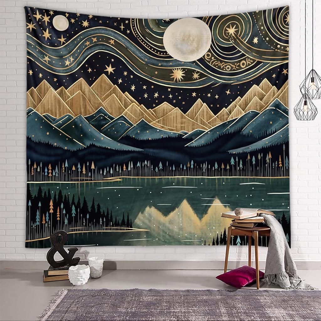 Tapzen Mountain Forest Tapestry - Boho Landscape Moon Stars Wall Hanging for Bedroom, Living Room, Classroom, Dorm (40 x 30 inches)