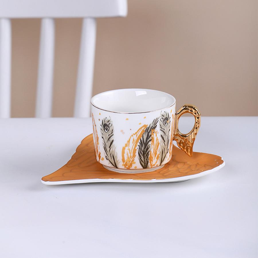 Personality European Lovely Feather Pattern Style Coffee Mugs Ceramic Home Office Milk Water Tea Cup + Saucer Plate Dish Set