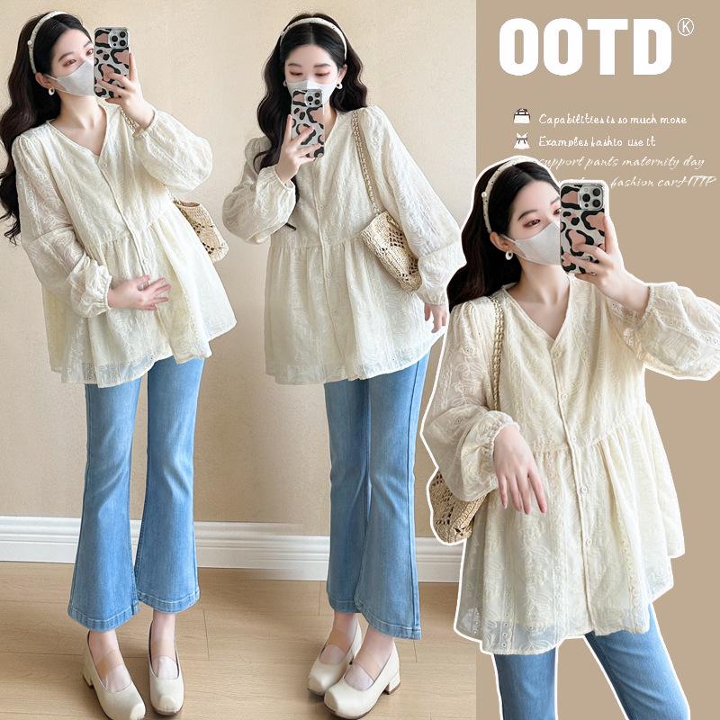 2026 Spring V-Neck Embroidered Rose Doll Shirt for Pregnant Women L