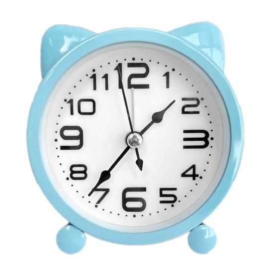 Non-Ticking Analog Clock Cat Ear Alarm for Kids, Silent Metal Cartoon Desk Clock, Battery Powered Home Office Decor