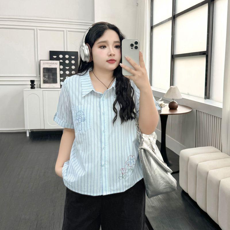 

Edition Plus Size Women s Clothing [Children s Fun Art Blouse] Contrast Color Stripes Embroidered Shirt Summer Plus Size Ladies Belly-Covering Coat