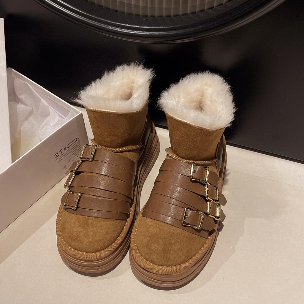 Women's Large Size Belt Buckle Soft Sole Winter Warm Fur Snow Boots Padded Lined Ankle Boots Non-Slip Hiking Casual Sports Cotton Boots