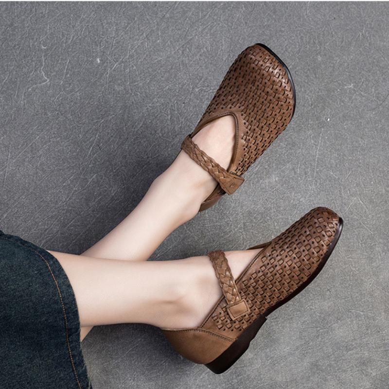 Johnature Bombas Retro Cuero Genuino Suela Suave Gancho y Lazo Cómodos Zapatos de Mujer Versátiles