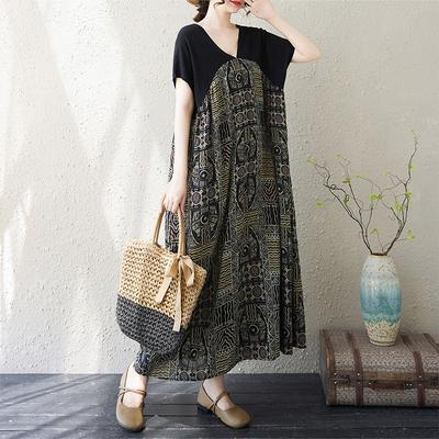 DIMANAF New 2025 Plus Size Summer Dress Loose Women V-Neck Vintage Printing Casual Short Sleeve Dress Maxi