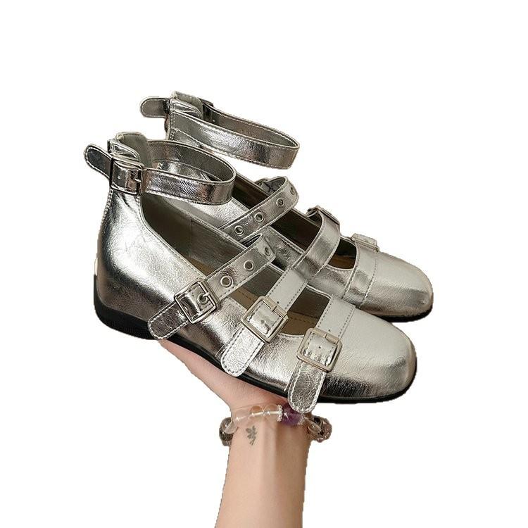 Niche retro style belt buckle rivet shallow mouth round head Mary Jane shoes women's 2025 new autumn ballet shoes