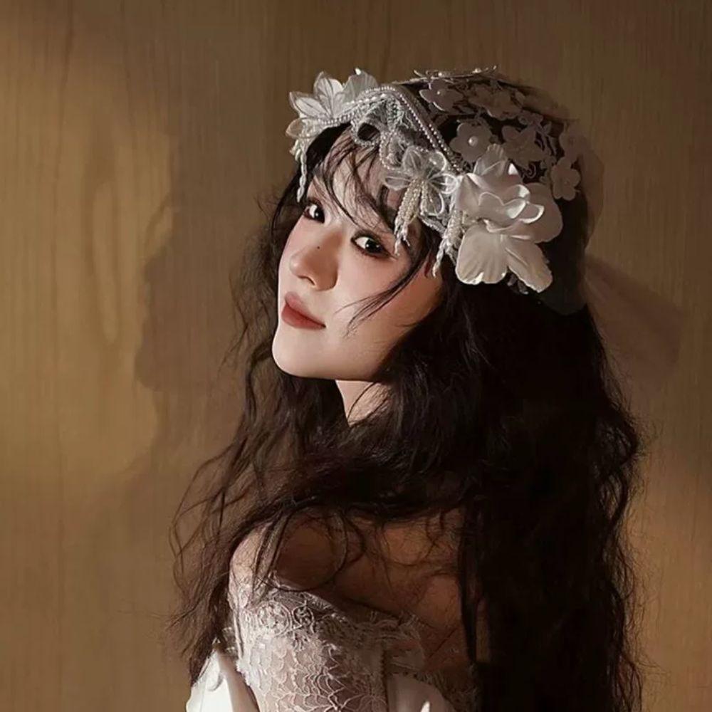 White Bride Headdress Pearls Beads Wedding Headwear Retro Bridal Hat  Headpieces
