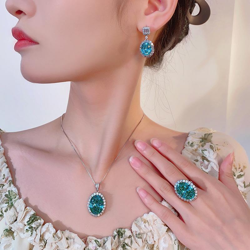 Jewelry Copper Bottom Gold-Plated Imitation Para Green High-End Egg-Shaped Jewelry Set Women'S Stone 15 * 20