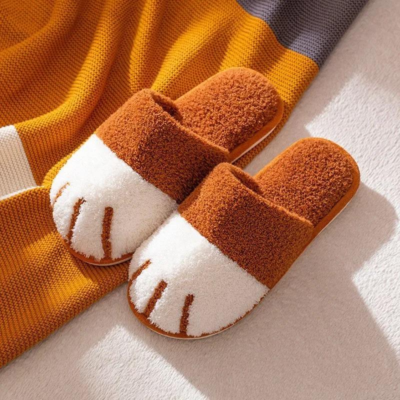 Winter Cute Cat Paw Designer House Women Fur Slippers Floor Mute Bedroom Lovers Warm Plush Shoes Indoor Fluffy Slides