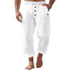 Men's Casual American Style Solid Linen Drawstring Button Straight Leg Pants for Spring and Autumn