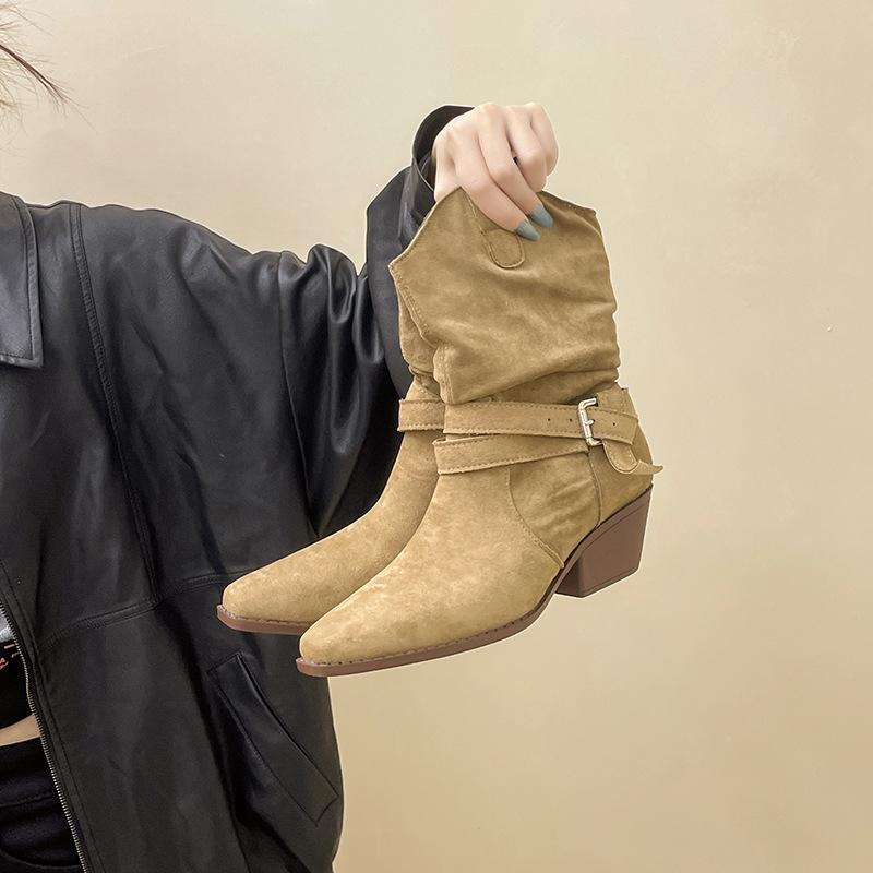 Thick Heel Wide Boots Western Boots High Heel Martin Boots Pointed Suede Belt Buckle Medium Boots Women's Autumn and Winter European and American R