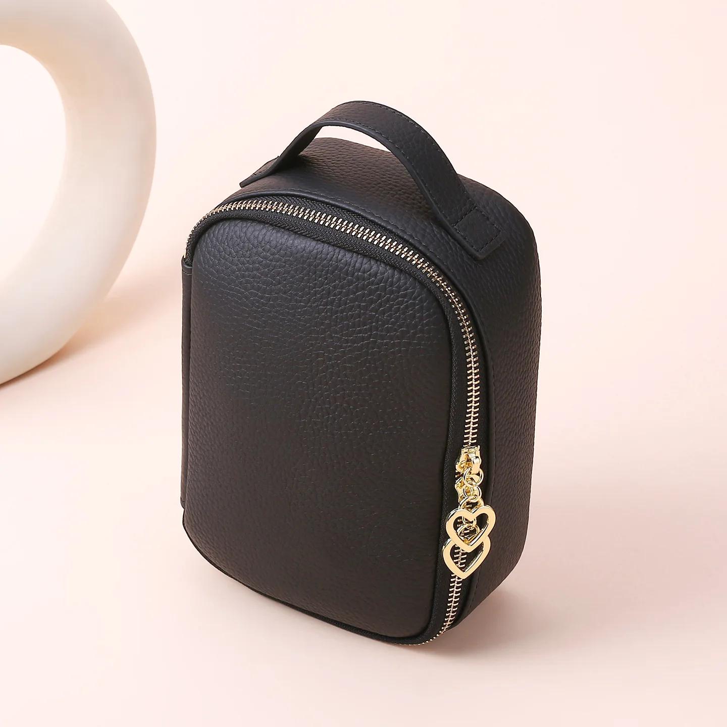 

Travel Make Up Organizer Cosmetic Brush Bags Case for Women Genuine Leather Double Zipper Closure Cosmetic Storage Bag чёрный