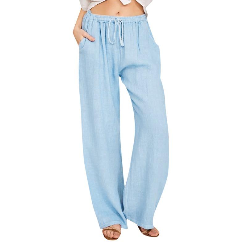 Casual Loose Wide-Leg Linen Pants with Elastic Lace-Up Waistband and Pockets