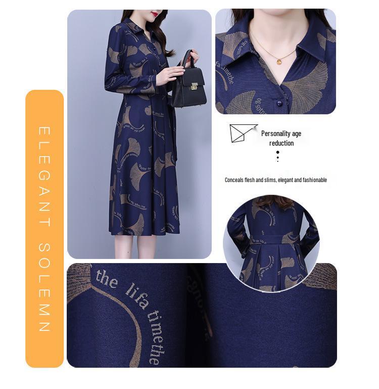 Elegant Floral Waist-Cinched Dress for Middle-Aged Women – Slimming Autumn/Winter Style