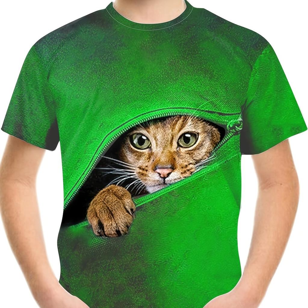 Boy's Girl Cat Graphic T-shirt Fashion Casual Breathable 3D Print Tee for Outdoor Activities Children Harajuku Tshirt