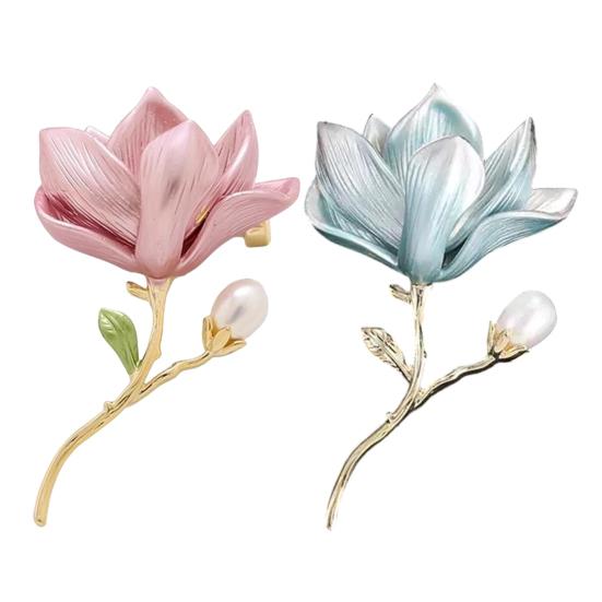 Magnolia Flower Brooch Zinc Alloy Faux Pearl Flower Lapel Pin Sweater Cardigan Coat Business Suit Decoration Men Women Clothing Accessories