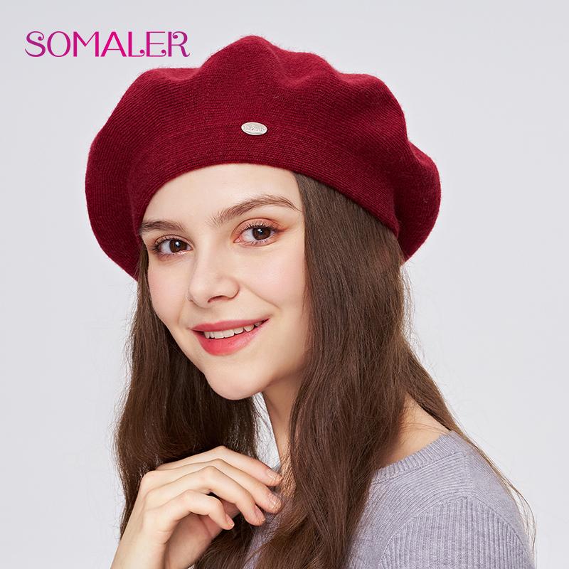 

SOMALER Зимний берет для женщин Осенний вязаный шерстяной берет Шапки с пайетками Теплый двухслойный Классический французский стиль Берет Шапка One Size красный