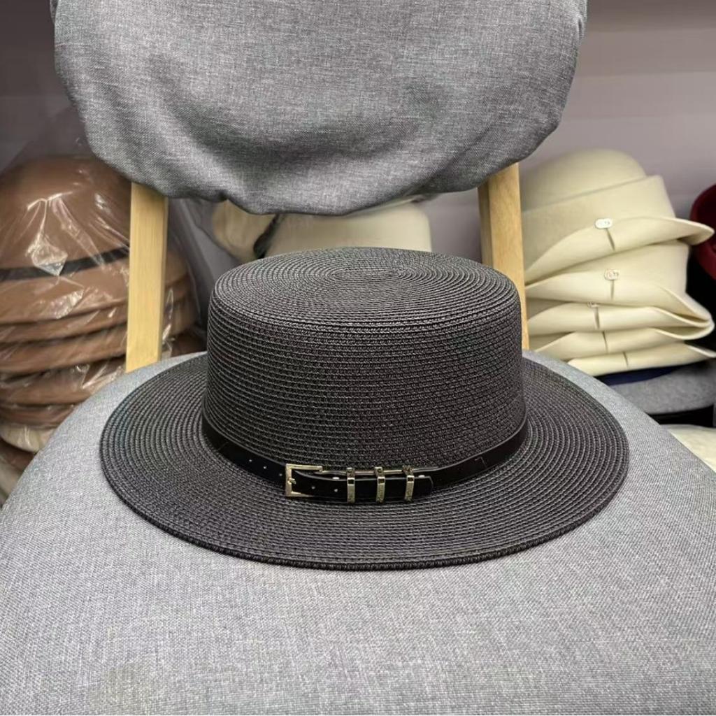 Sunscreen straw hat women's sunshade belt buckle flat top hat top hat traveling shopping straw hat fashion versatile