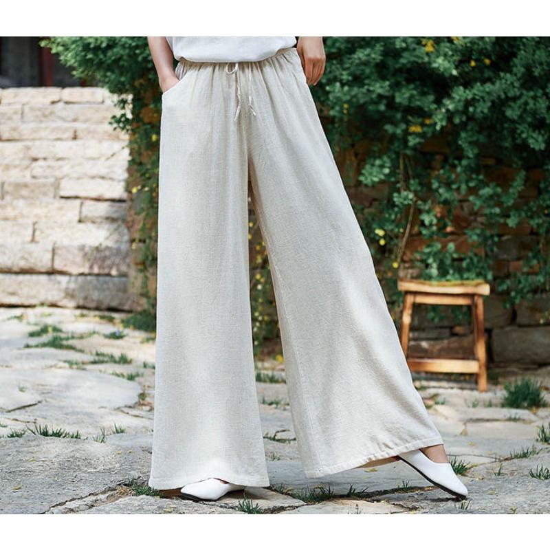 Cotton and Linen Lace-up Trousers Women's Retro Loose Women's Trousers Wide-leg Pants