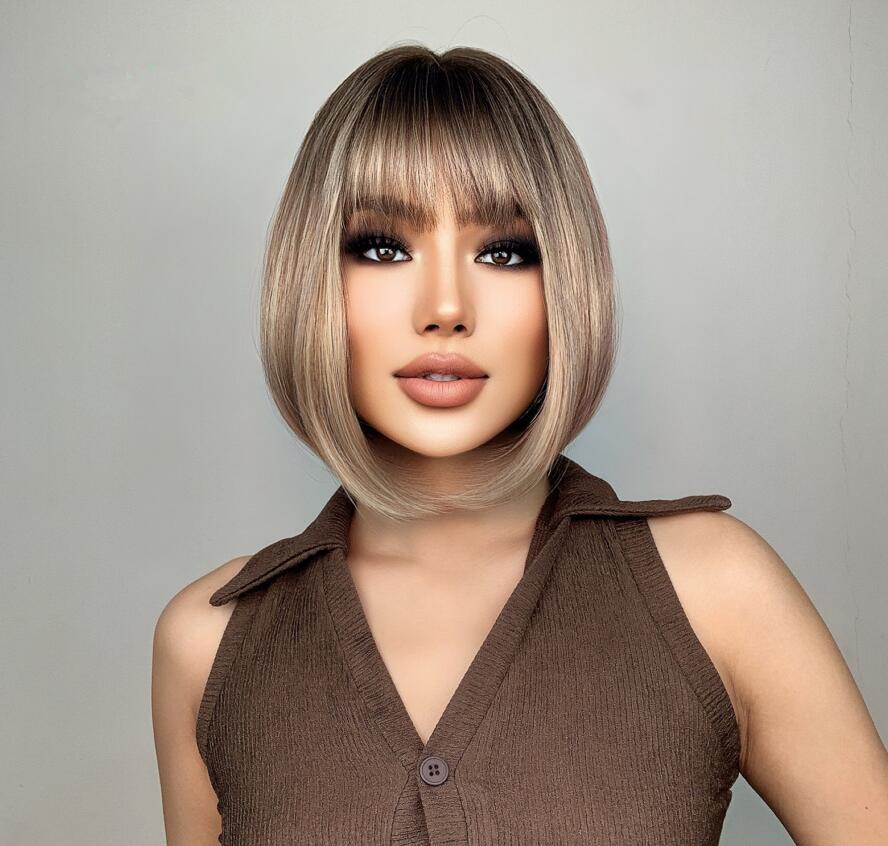 BLONDE UNICORN 8 inch Short Straight Hair Wigs for Women Ladies Ombre Brown Heat Resistant Synthetic Wigs