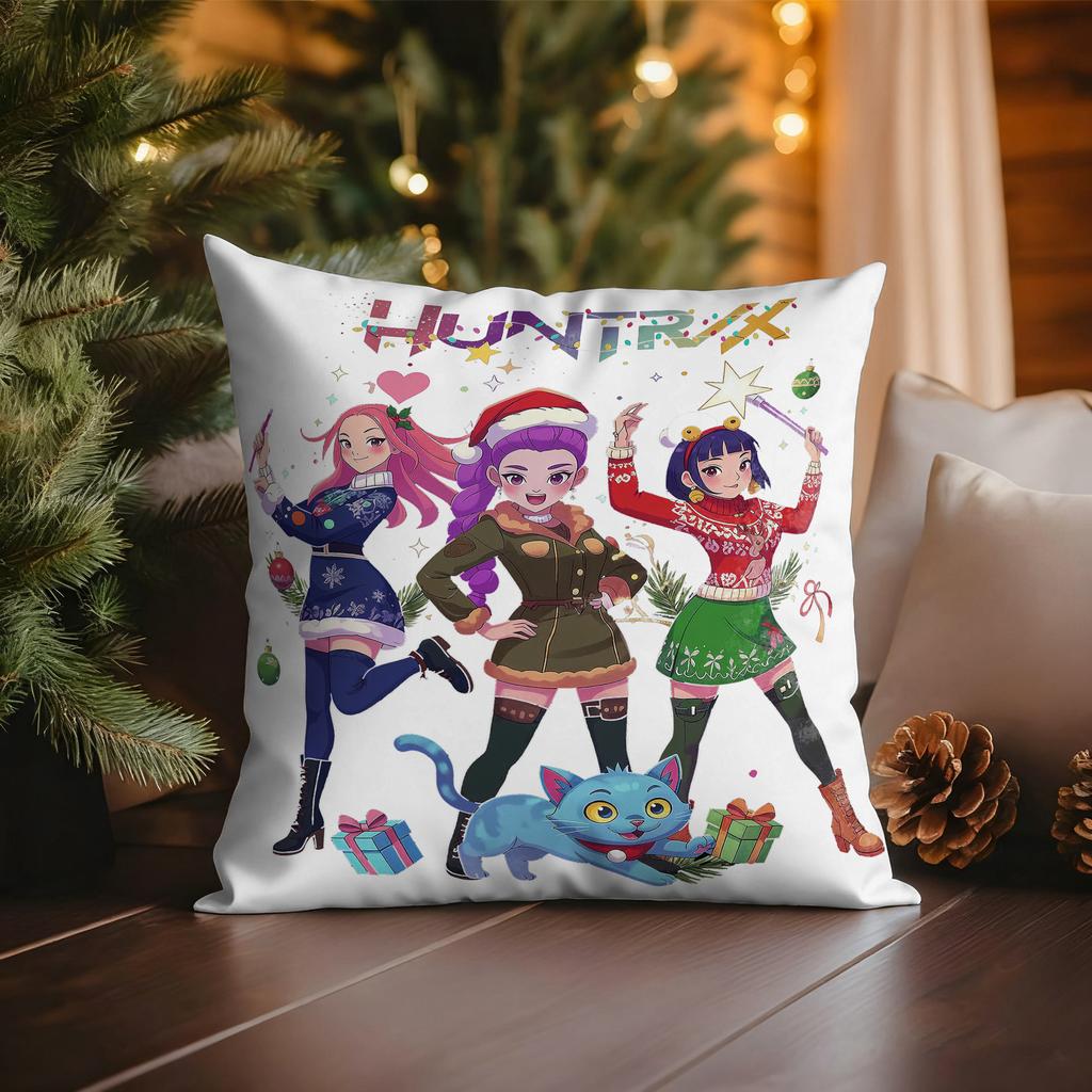 KPop Demon Hunters Blue Cat wearing Christmas Hat with Colorful Lights Christmas Pillowcase fashion Home Decoration
