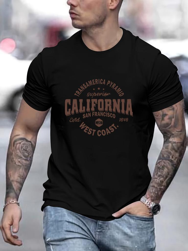 Herr California Grafisk T-shirt - San Francisco 1905 Västkustdesign, Ledig Kortärmad T-shirt, Maskintvättbar, Rund Halsringning