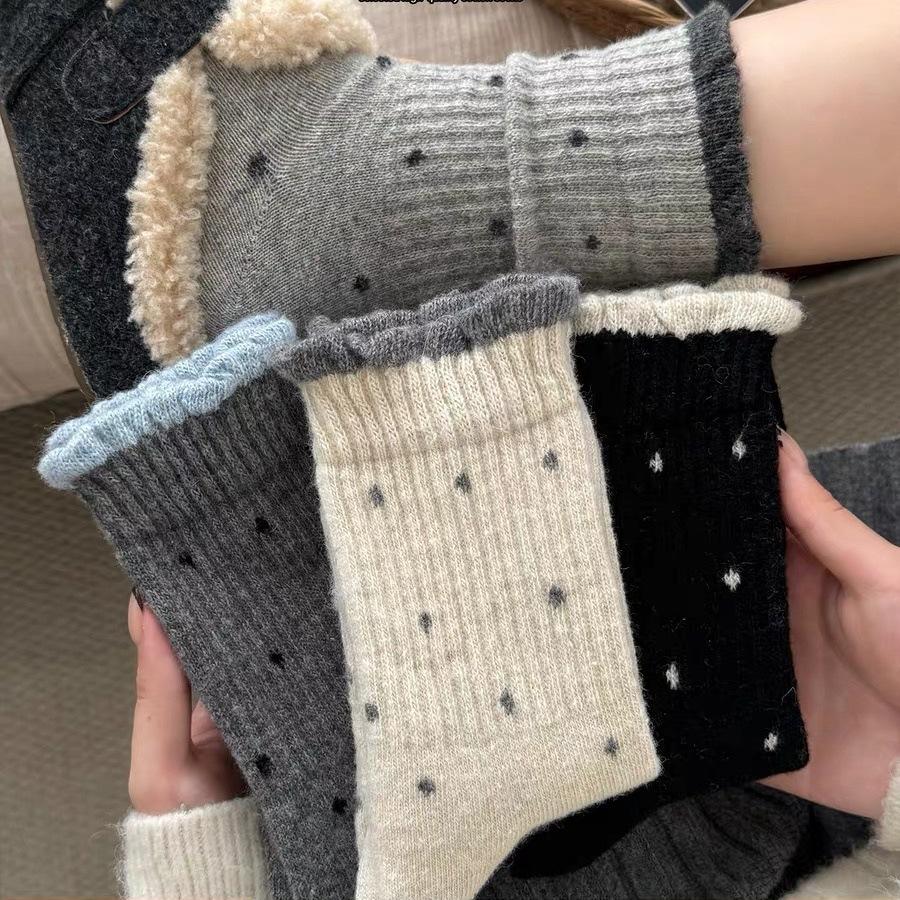 Polka Dot Wool Socks Season Gray Socks Thickened Warm Cashmere Cotton Socks Vintage Lace Stockings