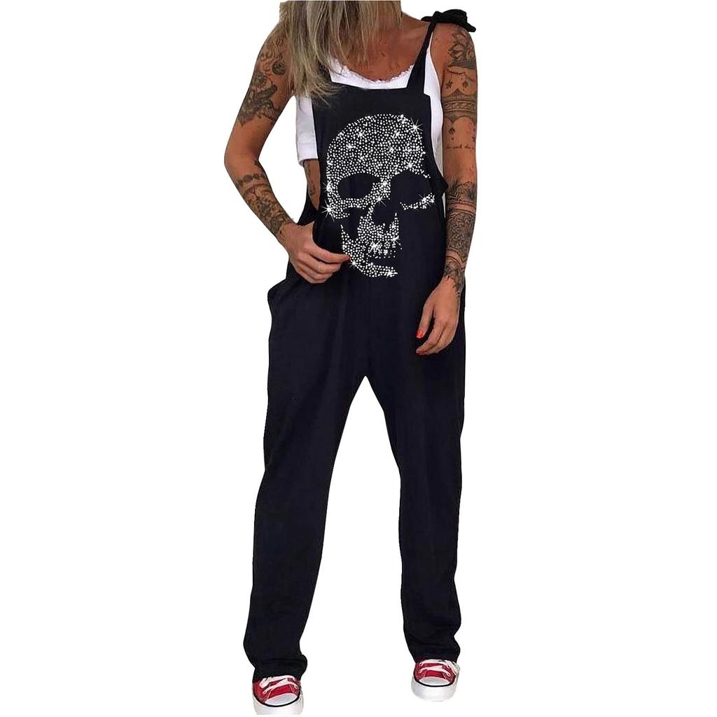 Mono Estampado Calavera Crisantemo Babero Pantalones Pantalones Largos