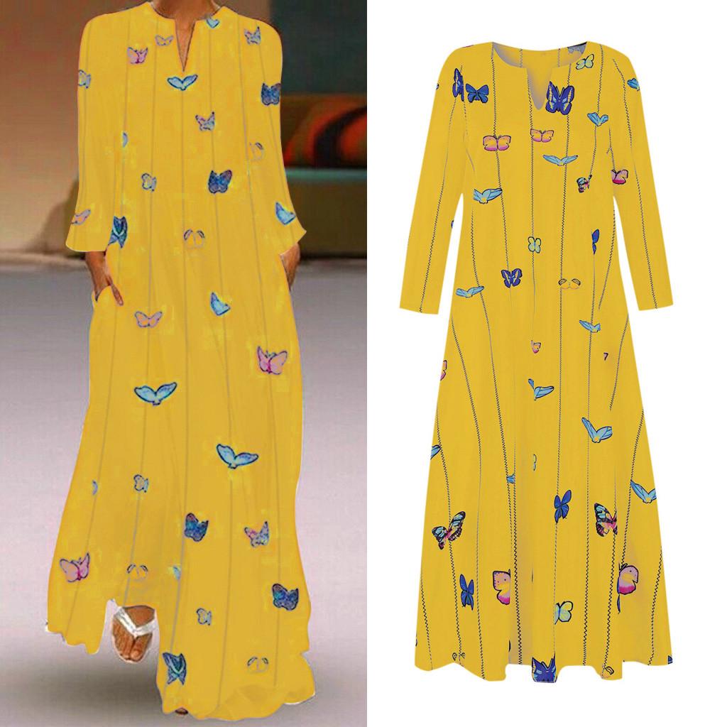 

Women Vintage Daily Casual Long Sleeve Striped Butterfly Printed Dress XXXL