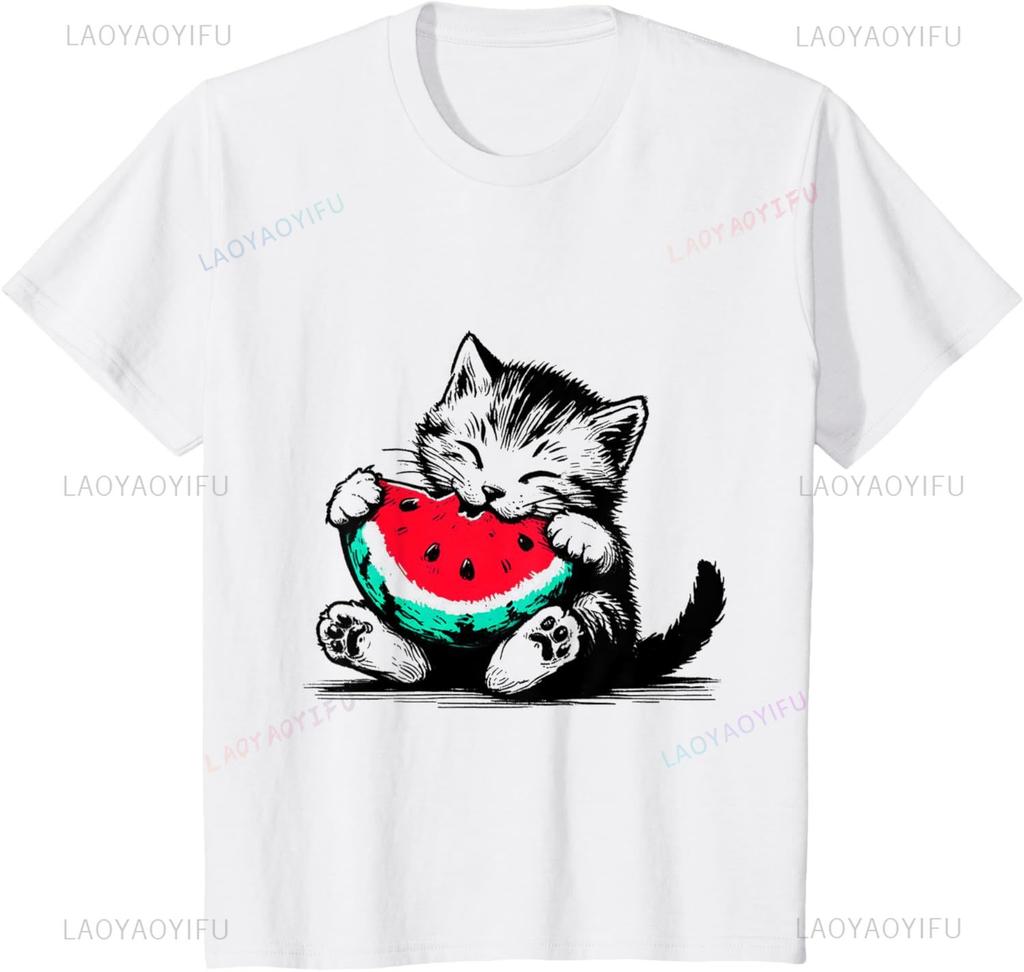 Cute Funny Cat On Watermelon Meme T Shirt Men Women ONeck Fashion Short Sleeve Tshirts Retro Harajuku Oversized Tshirt