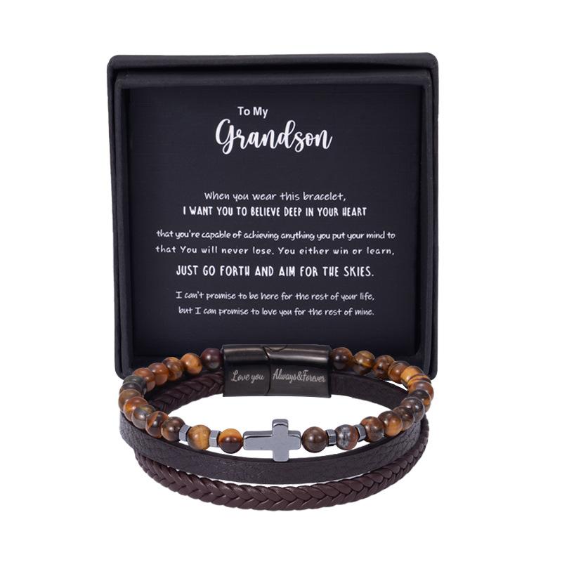 Creative Natural Stone Stainless Steel Bracelet - Obsidian Volcanic Stone Element Simple Cross Multi-Layered Bracelet