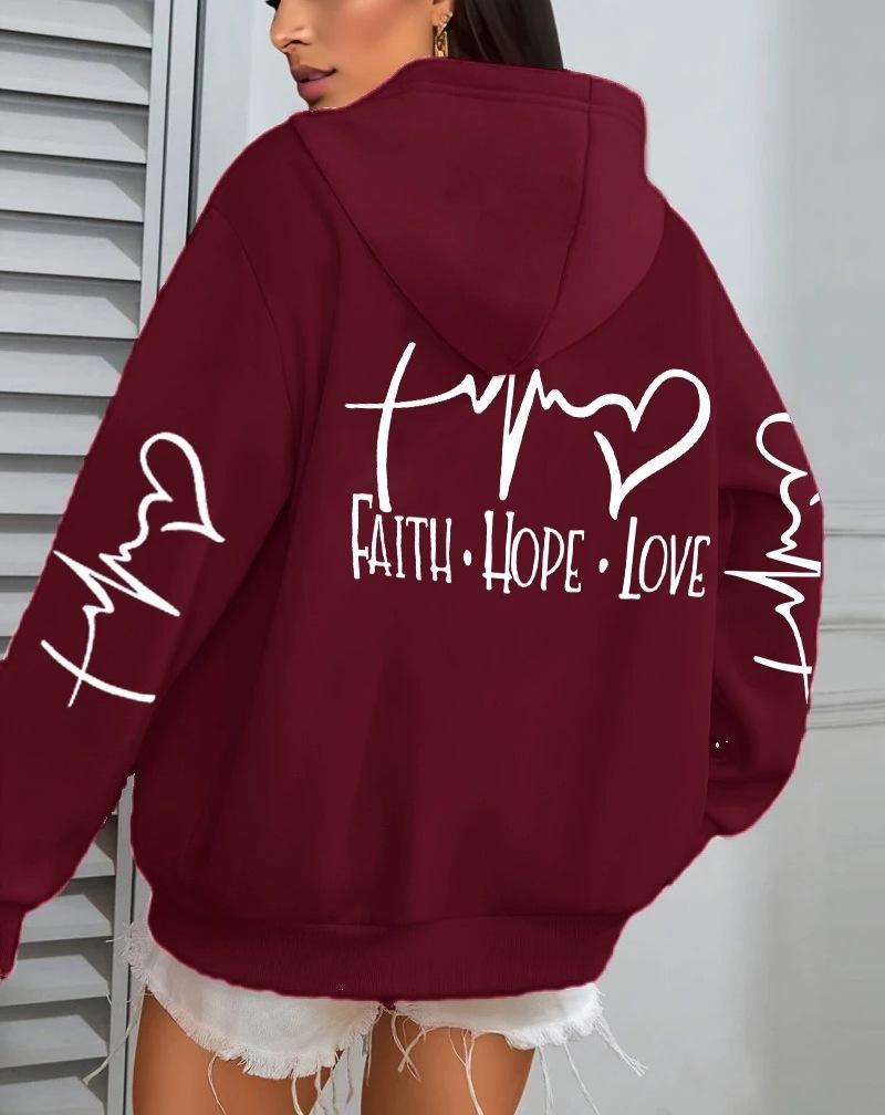 Faith Hope Love Letter Pattern, Printed Women'S Hoodie Autumn Loose Casual Pocket Fleece Pullover