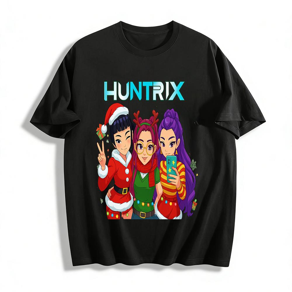 

Christmas Themed HUNTRIX Girl Group Print Top Festive Casual Crew Neck Long Sleeve T-Shirt for Women Pure cotton T-shirt XXS