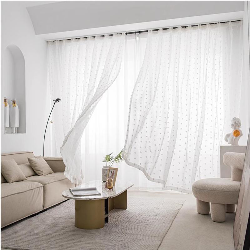 Korean Cute White Pom Pom Embroidered Tulle Curtain For Living Room Children's Room Retro Plush Dots Kitchen Short Sheer Panel