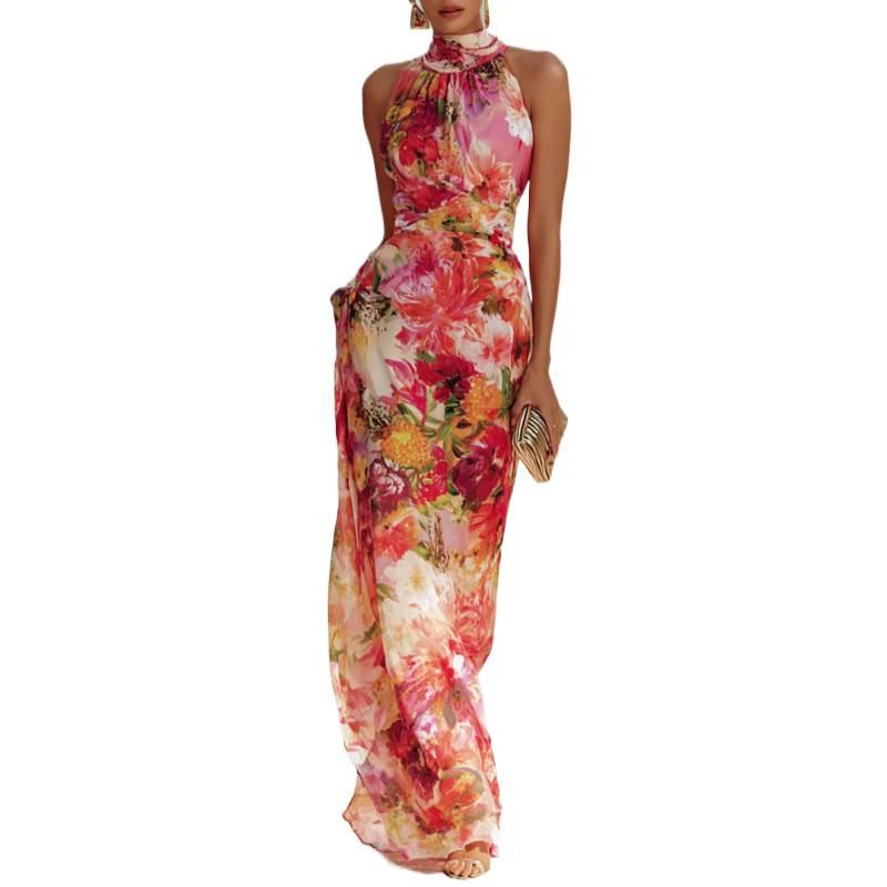 European and American New Spring and Summer French Casual Elegant Floral Neck Sleeveless Slim Dress