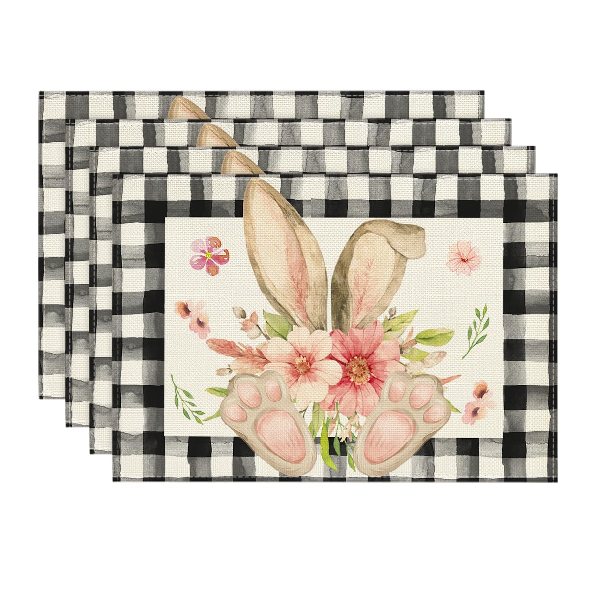 

Buffalo Plaid Bunny Ear Foot Flower Easter Placemats Set of 4, 12x18 Inch Seasonal Spring Table Mats for Party Kitchen Dining Decoration 12 x 18 , Rectangular 4 Pcs